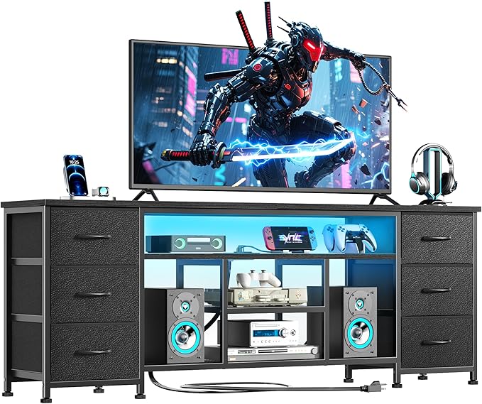 Furologee LED TV Stand for 65 70 Inch TV 63 Inch Entertainment Center with Power Outlets 6 Fabric Drawers Dresser for Bedroom Media Console with Open Shelves PU Leather Surface Black