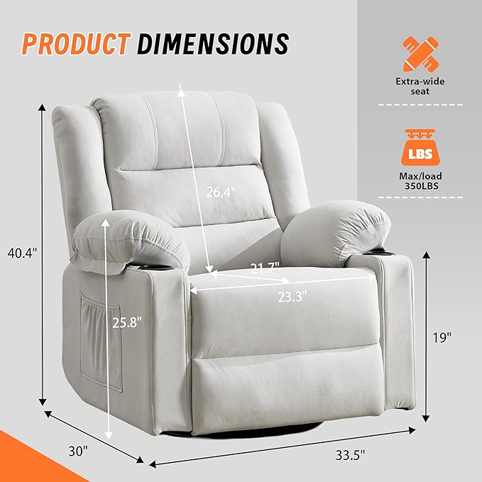 360°Swivel Rocker Recliner Chair for AdultsManual Glider Recliner Sofa with Massage and Heating Nursery Rocking Chairs with Cup Holds for Living Room Bedroom (Beige)