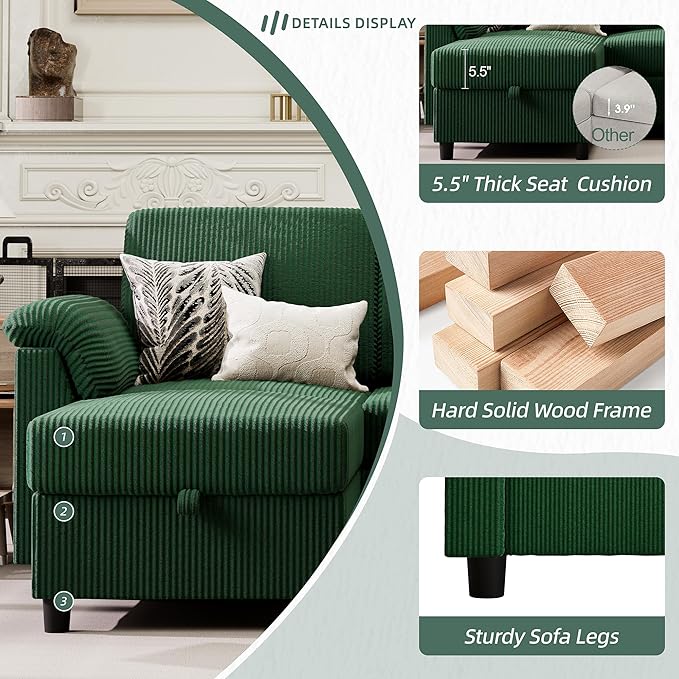 Vongrasig Convertible Sectional Couch 3 Seat L Shaped Sofa with Removable Pillows Linen Fabric Small Modern Couch Mid Century for Living Room Apartment and Office Green