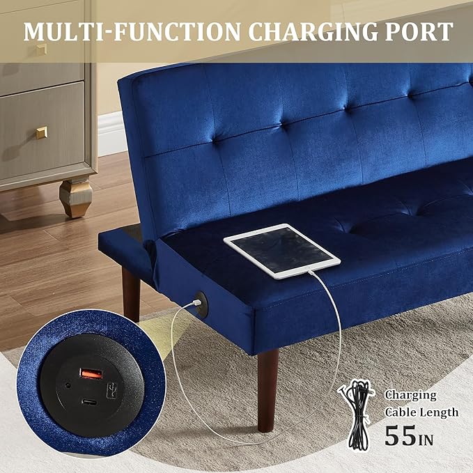 Anwick Convertible Futon Sofa Bed with Charging Port 45″ Folding Sleeper Sofa Adjustable Backrest Small Couch for Living Room Small Spaces Or Office Modern Loveseat (Blue)
