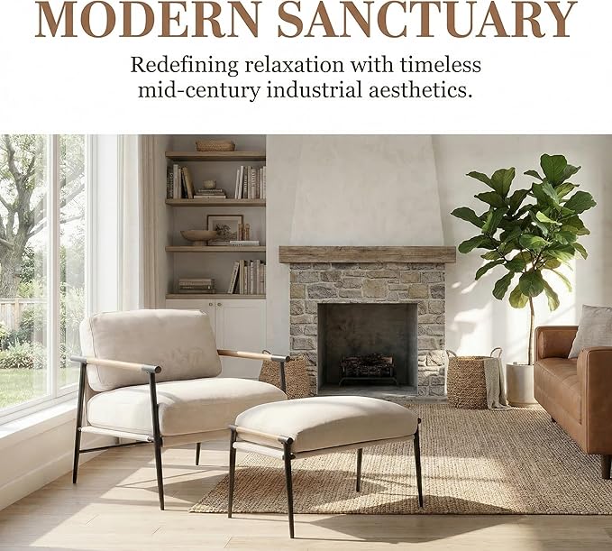 LukeAlon Mid-Century Chenille Accent Chair with Ottoman Soft Living Room Chair with Metal Legs Modern Upholstered Armchair Reading Nook Chair Lounge Leisure Chair with Footstool for Bedroom Beige