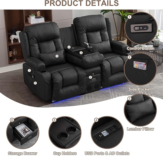 TUNYI Power Loveseat Recliner Sofa with Massage &amp Heat Home Theater Seating with Console RV Recliner Loveseat Sofa with USB/Storage/Side Pocket/LED Light/Speaker (Black Loveseat)
