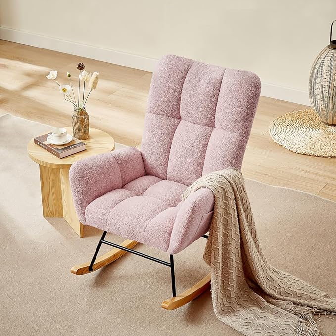 Teddy Rocking Chair Nursery Modern Teddy Fabric Nursing Chair for Mom and Baby Accent Upholstered Rocker Glider Chair with High Backrest for Nursery Living Room Bedroom (Pink)