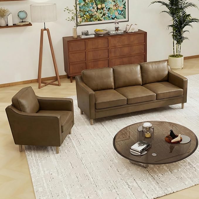 Kingfun Living Room Furniture Sets 3 Seater Couch and Armchair Mid Century Modern Sofa Set Faux Leather Couch with Solid Wood Frame for Living Room &amp Bedroom Olive Green