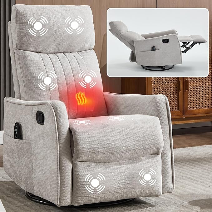 Massage Recliner Chair with Heat Slim Recliners for for Adults Swivel Rocking Chair Recliner with High Back Small Recliner Chair for Small Spaces Living Room Adjustable Footrest (Light Grey)