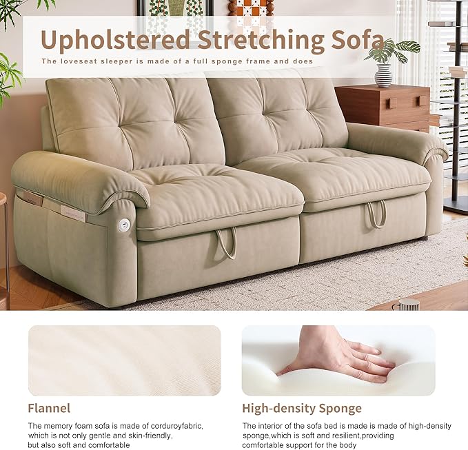77 Queen Size Sleeper Sofa Bed Convertible Pull Out Couch with Velvet Fabric 3-in-1 Loveseat L Shaped Couch Bed with Adjustable Backrest Side Pocket &amp USB Ports for Living Room Apartment