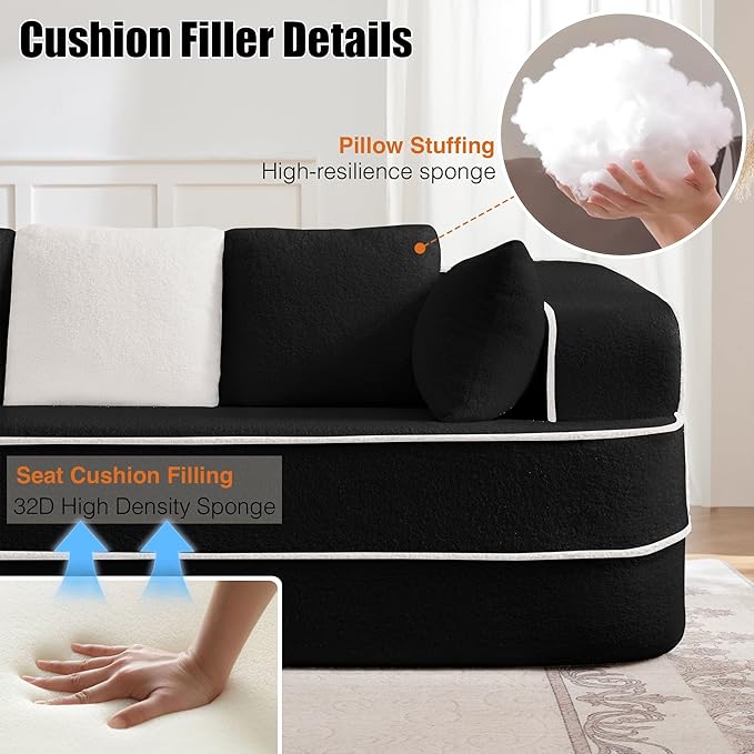 105.9 Modular Sectional Couch Sofa for Living RoomHigh Density Sponge Boneless Sofa with Left ChaiseL-Shaped Cloud Couch with Soft Teddy FabricNo Assembly RequiredBlack