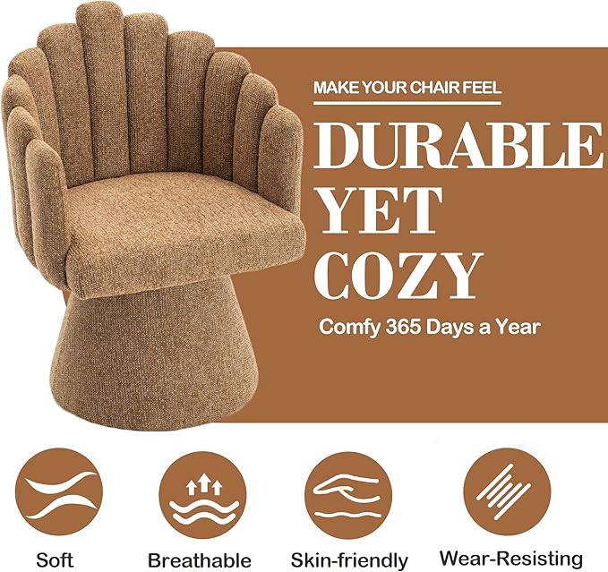 Swivel Accent Chair Modern 360° Barrel Chair with Shell-Shaped Back Tufted Vanity Armchairs for Living Room Bedroom Reading Room Camel