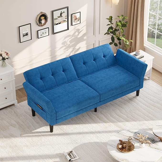 GarveeHome 89 Futon Sofa Bed Convertible Sleeper Sofa with Adjustable Backrest &amp Armrest Modern Futon Couch Bed Loveseat Sleeper for Living Room Bedroom Apartments Blue
