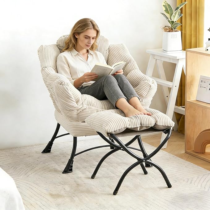 Bellemave Lazy Chair with Ottoman Lounge Accent Chair with Armrests and Side Pocket Leisure Upholstered Sofa Chairs with Footrest for Small Space Reading Chairs for Living Room Bedroom (White)
