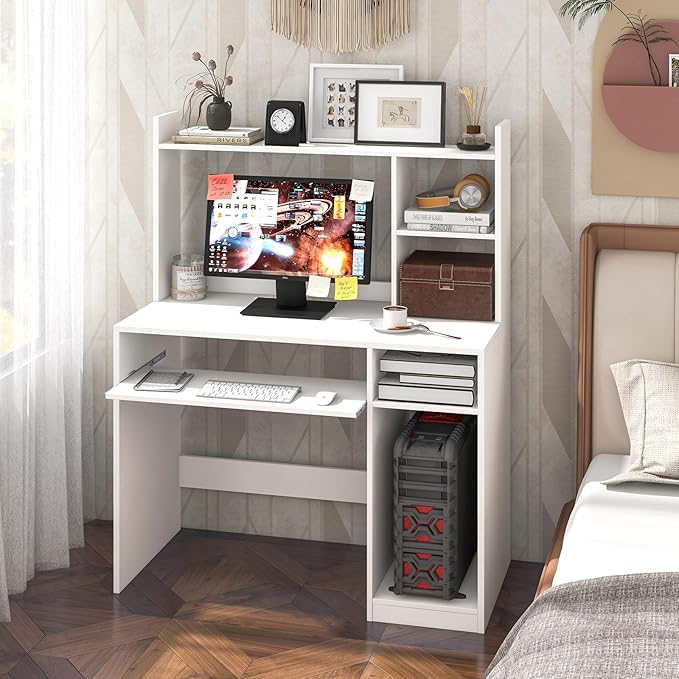 LDAILY Computer Desk with Hutch Multifunctional PC Laptop Table with Keyboard Tray CPU Stand Power Outlet Simple Work Desk Writing Desk for Bedroom Home Office Dorm (White)