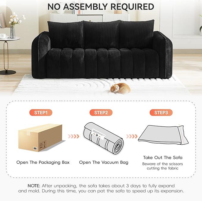 83'' Boneless Corduroy Sofa Oversized 3 Seater Deep Seat Couch with Rounded Armrest Modern Upholstered Cloud Sofa for Living Room No Assembly Black