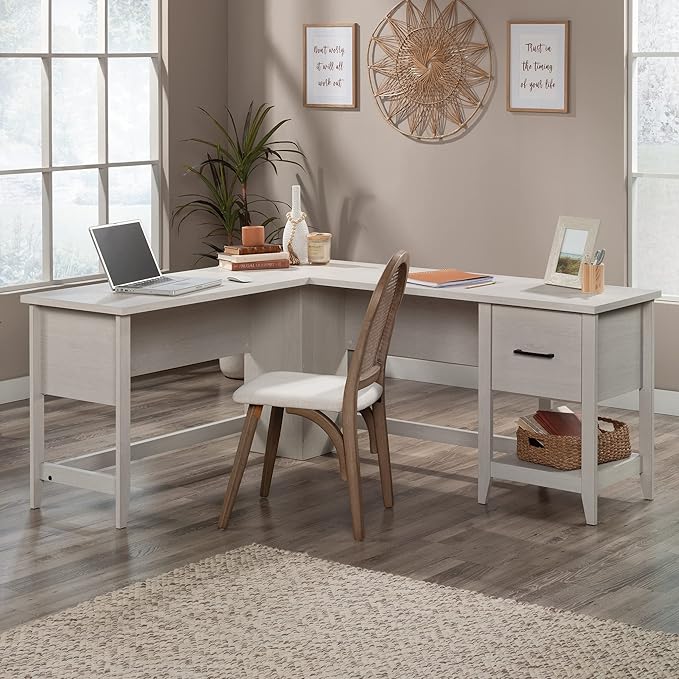 Sauder Summit Station L-Shaped Corner Home Office Desk with Drawer and Open Storage Shelf in Glacier Oak