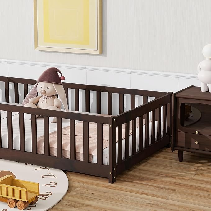 Bellemave Twin Floor Bed with Slats and Safety Guardrails Twin Size Montessori Floor Bed with Fence and Without Door Easy Assemble Montessori Beds Frame for Girls Boys Pink Espresso