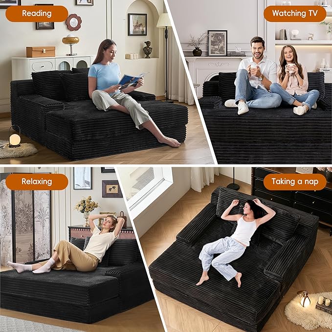 67 Oversized Chaise Lounge Indoor Corduroy Upholstered Sofa Bed Boneless Deep Seat Sleeper Couch Cloud Reading Chair for Living Room Apartment No Assembly Required(Black) (Black)