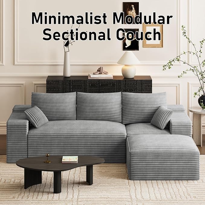 108 Sectional Couches for Living Room Comfy L Shaped Boneless Couches Modern Deep Seat Modular Sofa Cloud Corduroy Couch with Movable Ottoman No Assembly Needed Light Grey