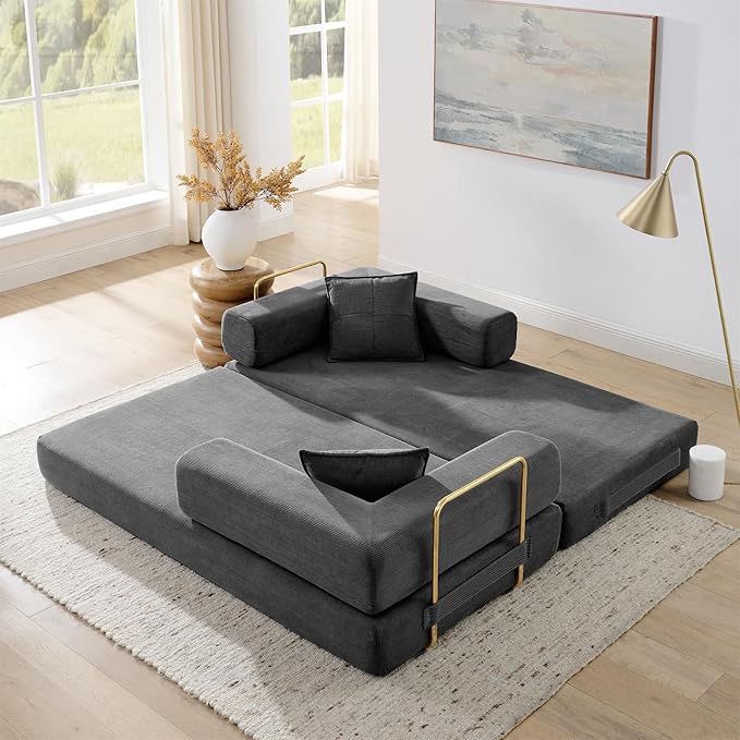 Convertible Folding Sofa Bed Modern Futon Sleeper Sofa Fold Out Couch Bed with Gold Fixed Frame Modular Floor Sofas Comfy Corduroy Boneless Couches for Living Room (78 Grey)