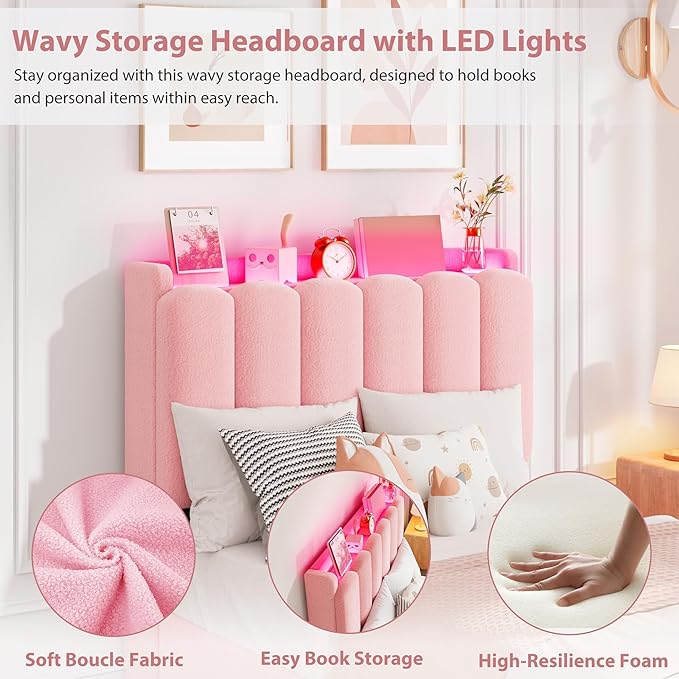Garvee LED Twin XL Bed Frame with Storage Headboard Kids Bed Frame with 2 Drawers Boucle Upholstered Platform Bed for Girls Chic Wavy Headboard with Bookcase No Box Spring Needed Pink
