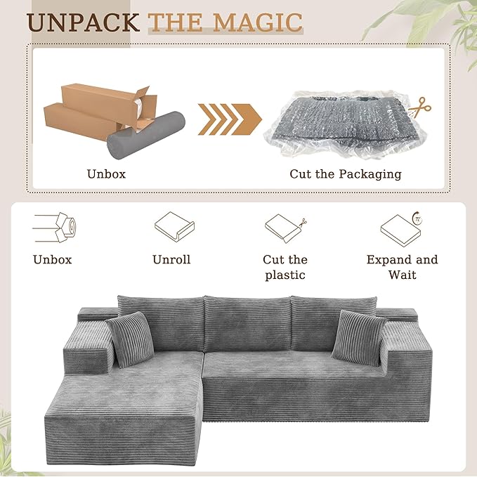 YESHOMY Boneless Couches for Living Room 108 Sectional Modular Sectional Sofa with Deep Seat Cloud Comfy Couch with L-Shape Chaise Easy Assembly (Corduroy Gray)