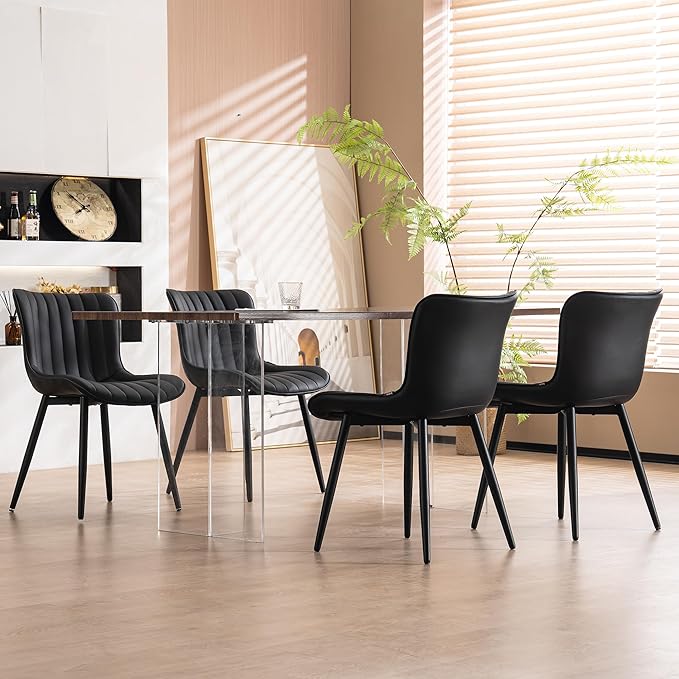 YOUNUOKE Black Dining Chairs Set of 2 Faux Leather Upholstered Kitchen &amp Dining Room Chairs with Back Mid Century Modern Minimalist Accent Chair Armless for Guest Reception Waiting Living Room