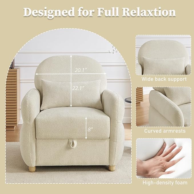 Modern Accent Chairs for Living Room Comfy Chenille Armchairs with Storage Single Reading Chairs for Bedroom Study Room Apartment Tool Free Assembly Beige