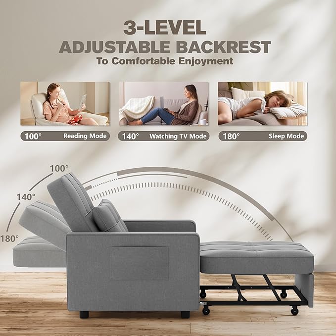JUMMICO Sleeper Chair 3-in-1 Convertible Sleeper Sofa Bed for Adults Linen Fabric Pull Out Chair Bed with Adjustable Backrest Couches for Living Room Apartment Office Small Space (Light Gray)