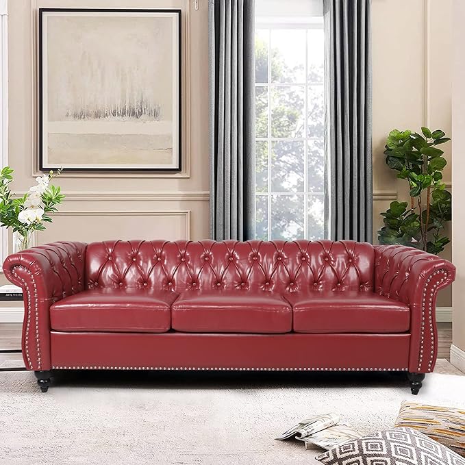 LEVNARY Chesterfield Sofa Classic Tufted Upholstered Leather Couch Modern 3 Seater Couch Furniture with Tufted Back for Living Room Office (Wine Red)