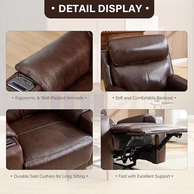 CANMOV Genuine Leather Recliner ChairPower Recliner Chair with Adjustable HeadrestBreathable Leather Reclining Single Sofa with Wireless ChargerUSB&amp Type-C Charging PortDark Brown