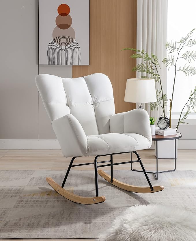 Mid Century Modern Velvet Tufted Upholstered Rocking Chair Padded Seat for Living Room Bedroom White