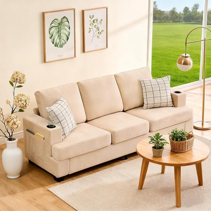 GarveeHome Modern 89 in 3-Seater Sofa for Living Room Comfy Couches with Deep Seat Chenille Couch with Cup Holders and Side Storage Pockets for Apartment Lounge Beige