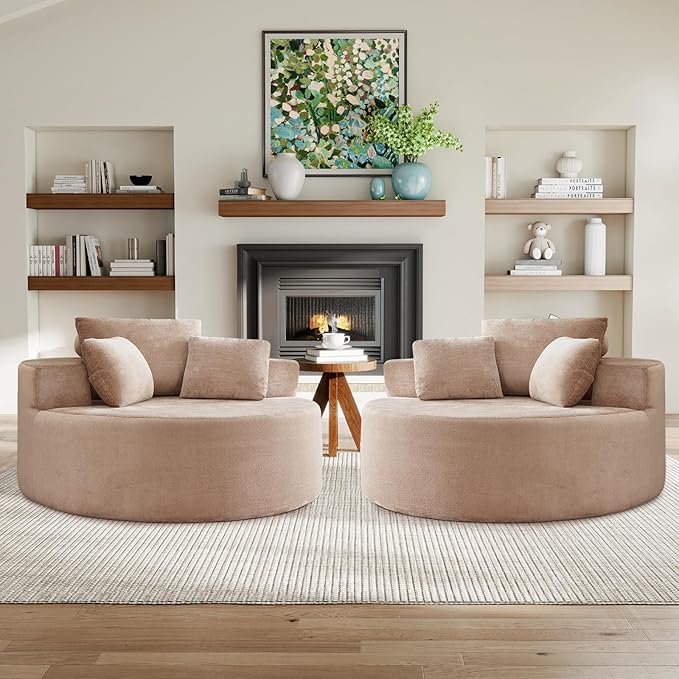 Modern Round Accent Sofa Chair for Living Room Upholstered Soft Terrycloth Barrel Lounge Arm Chair with Large seat&ampThrow Pillows for Bedroom Office Apartment Camel