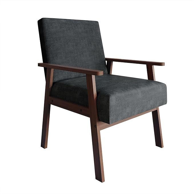 Mid-Century Modern Accent Chair Linen Upholstery Wooden Armrests Cushioned Seat Easy Assembly Dark Grey