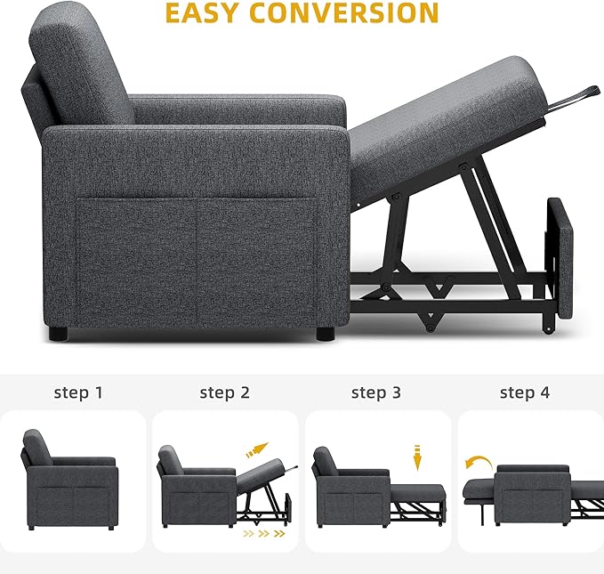 YITAHOME Convertible Sofa Chair Bed 3-in-1 Sleeper Sofa with Pull-Out Bed Linen Fabric Single Sleeper Chair with Reclining Backrest and Wide Armrest Modern Lounge Sofa for Small Space Grey