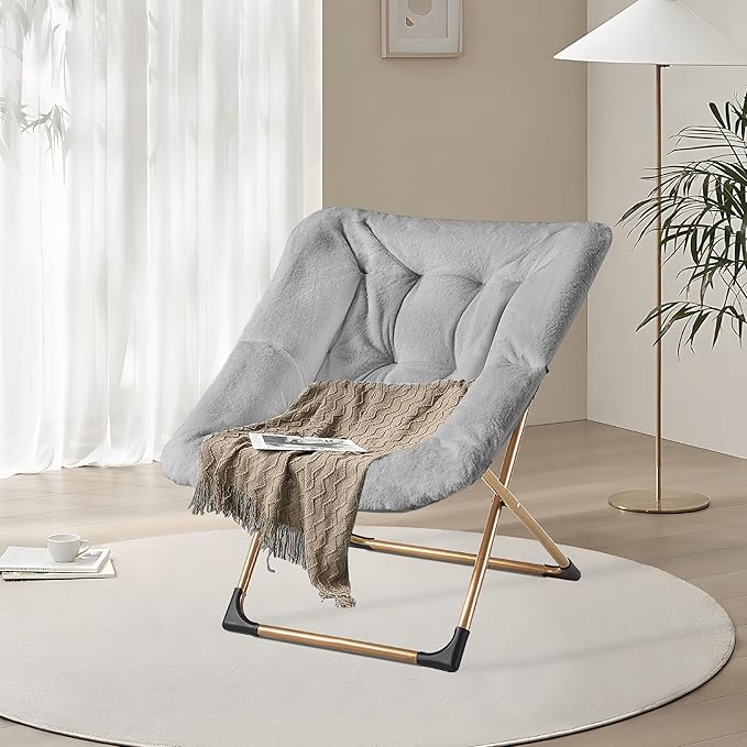 Comfy Oversized Saucer Chair Soft Faux Fur Reading Lounge Chair for Adults Stable X-Large Metal Frame and Non-Slip Pad Foldable Cozy Chairs for Bedroom Living Room Dorm Light Gray