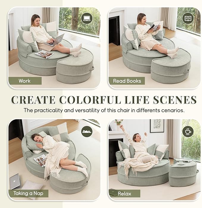 47.63'' Oversized Accent Barrel Chair with Ottoman Modern Round Boneless Idoor Chaise Lounge Chair and A Half Comfy Velvet Compression Large Reading Armchair with 5 Pillows for Living RoomGreen