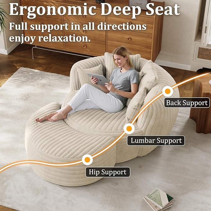 50 Oversized Chaise Lounge Indoor Round Reading Chair Lounge Chair with Ottoman Boneless Sofa Bed Large Fluffy Plush Corduroy Chaise Chair for Living Room Playroom Bedroom Beige White