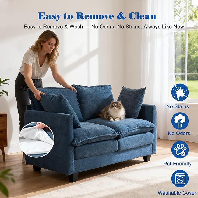 Loveseat Sofa Cloud Sofa Couch 50'' Modern Loveseats 2 Seat Couch 27 Deep Seat with 2 Pillows for Small Spaces Apartment Studio Office Bedroom Living Room 8834-BLUE