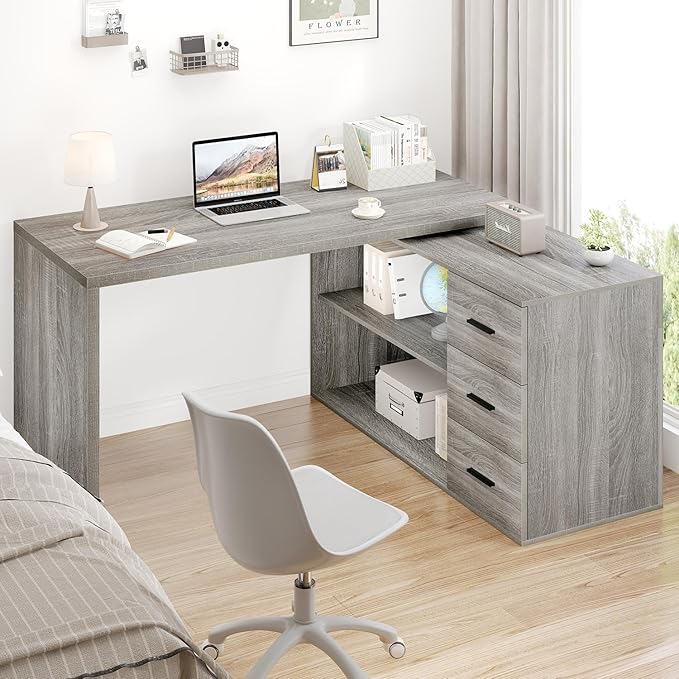 HSH L Shape Desk with Drawers L-Shaped Desk with Storage Cabinet Shelves Home Office Corner Computer Desk for Executive Writing Modern Wood Study PC Table in Bedroom Living Room Grey Oak 55 Inch