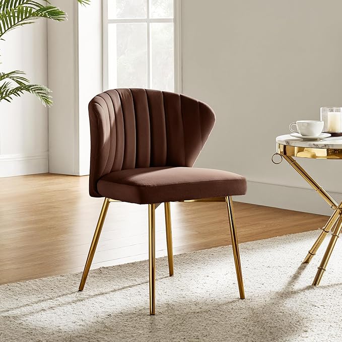 HULALA HOME Velvet Dining Chairs Modern Small Armless Accent Chair with Gold Metal Legs Living Room Upholstered Cute Side Chair Elegant Tufted Back Vanity Chair for Bedroom Auburn
