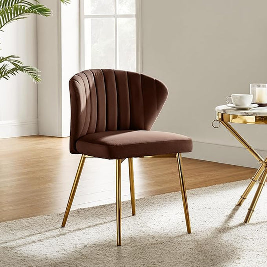 HULALA HOME Velvet Dining Chairs Modern Small Armless Accent Chair with Gold Metal Legs Living Room Upholstered Cute Side Chair Elegant Tufted Back Vanity Chair for Bedroom Auburn