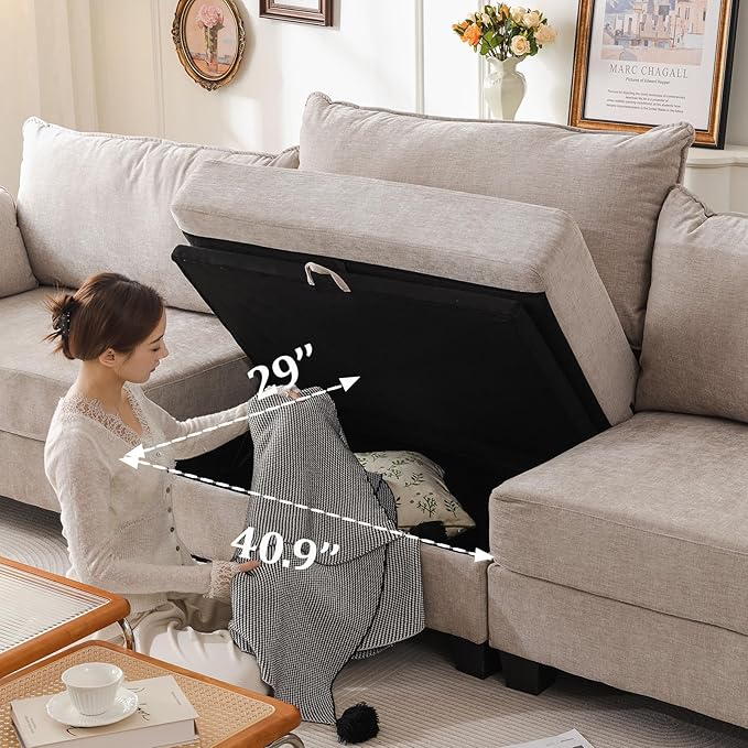 135'' Modular Sectional Couch with All Seats StorageOversized 3-Seater Comfy Sofa with 7.8'' Upholstered CushionBig Couches with Throw Pillows for Living RoomBedroomChenilleKhaki