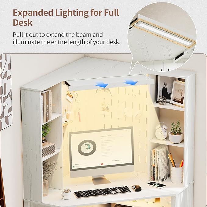 L-Shaped Corner Desk LED Light Computer Desk with Charging Station Hutch Storage Shelves &amp File Cabinet Home Office Desk Workstation for Small Space White