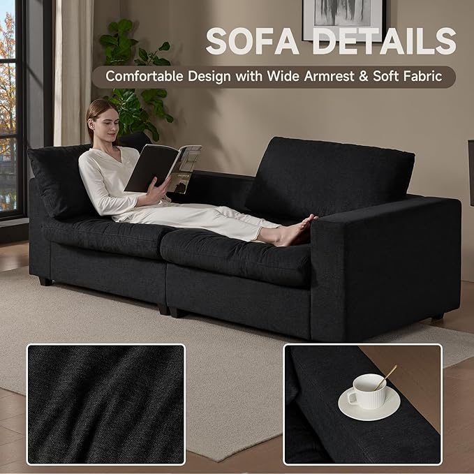 87'' Sofa Couch with Storage Deep Seat Couch for Living Room Comfy 2-Seater Moder Sofa Apartment Couches Black