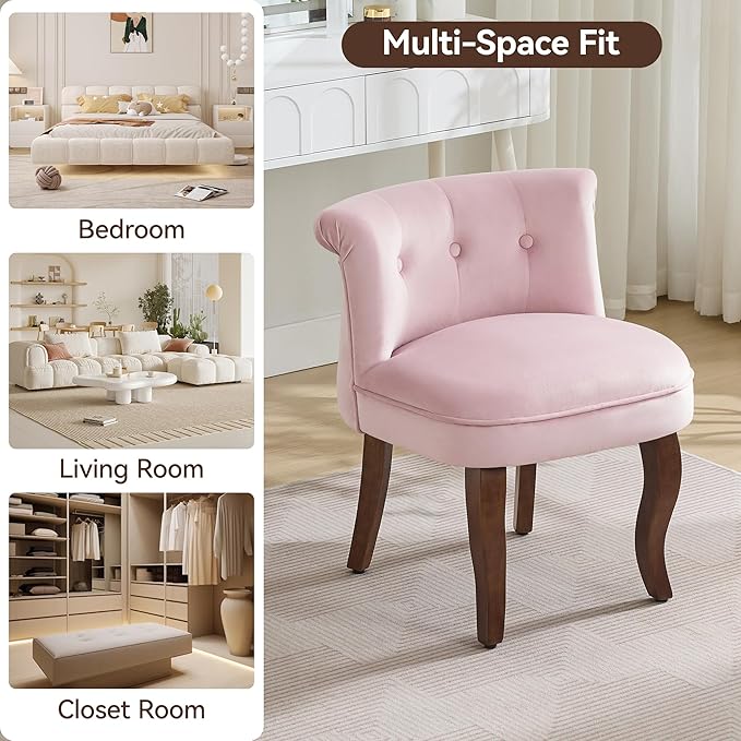 Velvet Tufted Vanity Chair with Back Upholstered Mid Century Vanity Stool with Solid Wood Legs Small Makeup Chair for Vanity Accent Chair for Bedroom Living Room Pink