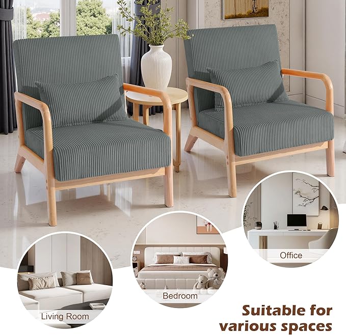 UIXE Accent Chairs Set of 2 Corduroy Upholstered Armchair for Living Room Modern Arm Chair Comfy Single Sofa Bedroom Reading Seat with Lumbar Pillow - Gray