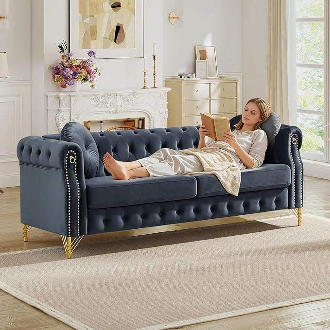 Mid Century Modern Chesterfield Couch Velvet Sofa with Button Tufted &amp Rivet Upholstered Comfy Sofa with Armrest Ring &amp Gold Leg Cozy Cloud 3-Seater Couch for Living Room(82 W Black)