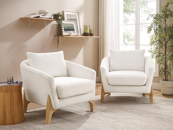 VANOMi Accent Chairs for Living Room Sherpa Armchair with Cushion Comfy Chair for Bedroom Reading Corner Apartment White