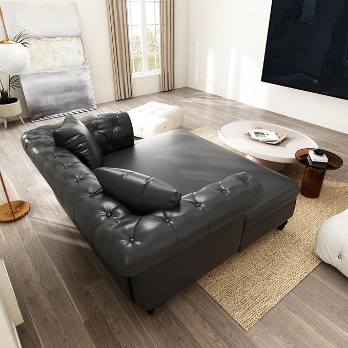 62.99 Chaise Lounge Indoor Comfy Reading Chair with 2 Pillows PU Leather Chesterfield Loveseat Sofa with Tufted Back &amp Rolled Arm Oversized Chaise Lounge Couch Indoor for Living Room Black