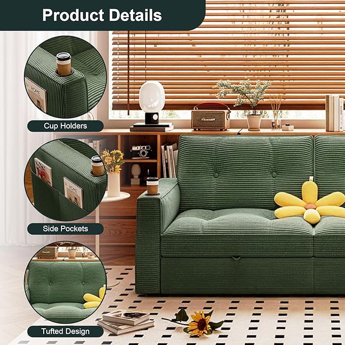 Sleeper Sofa Bed Queen Size Sofa Bed Convertible Pull Out Couch with Adjustable Backrest USB Port and Side Pockets Modern 2 Seater Small Couches for Living Room Space-Saving