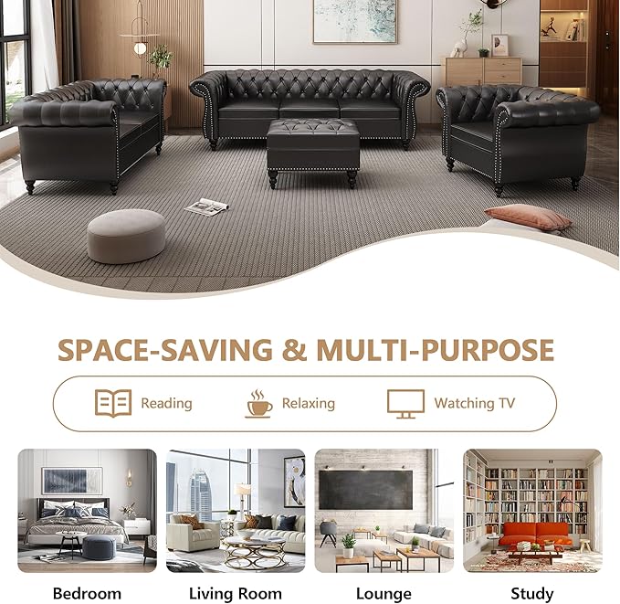 Home Sofa Living Room Furniture 3 Seater Leather Upholstered Sofa Couch Modern Comfy Couch with Faux Leather Cushions Mid Century Tufted Chesterfield Sofas for Bedroom Office Apartment (Black)